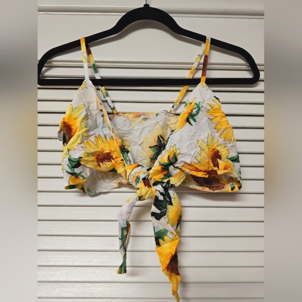 Floral Sunflower Crop Top With Adjustable Straps & Front Tie